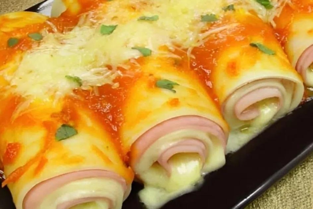 Canelone de presunto e queijo com massa de pastel para impressionar o maridão